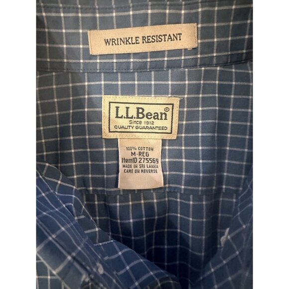 Men’s LL Bean Wrinkle Resistant Button Up Long Sleeve Blue Check Size M - Picture 2 of 4